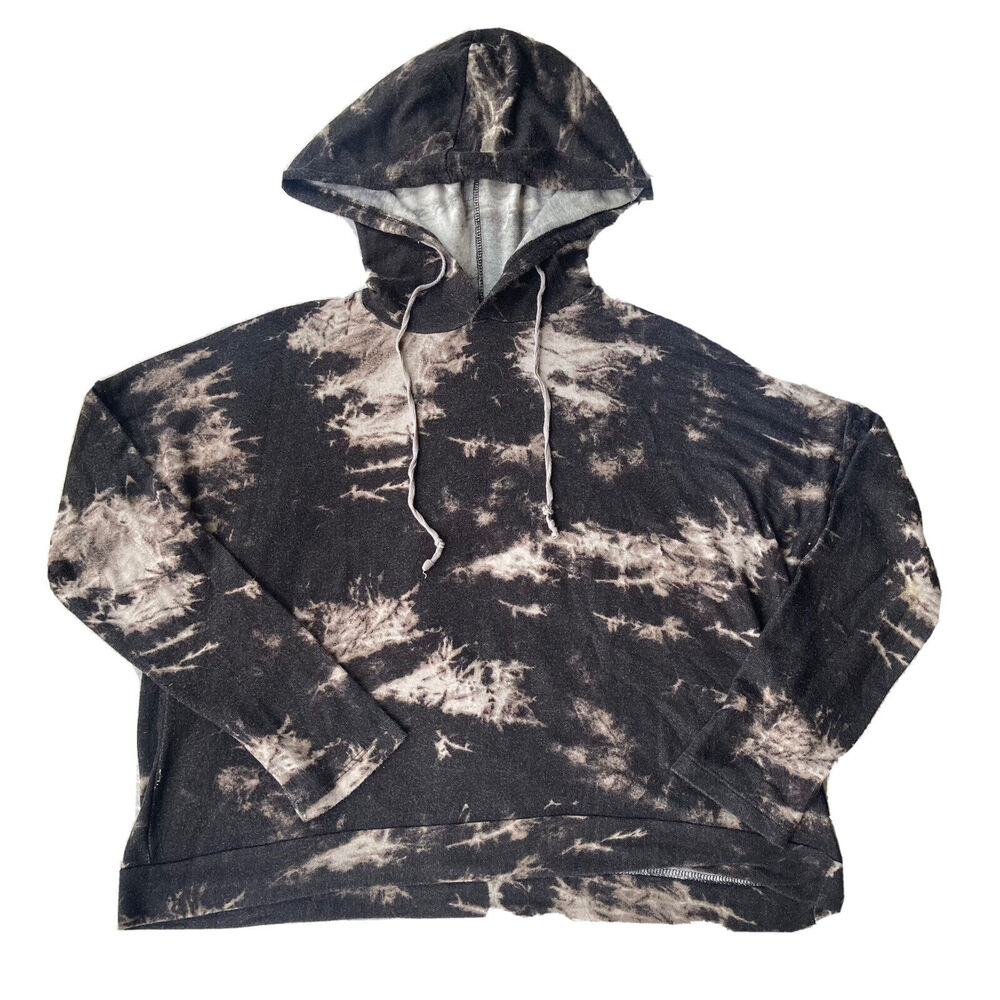 Ginger G Top Sz M Women Black Bleach Tie Dye Hooded Pullover Hoodie Longsleeve
